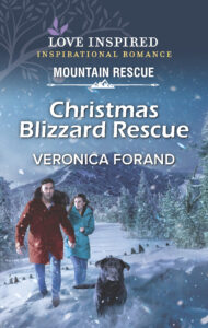 Man and Woman and black dog running over mountain in snow storm. Cover of book.